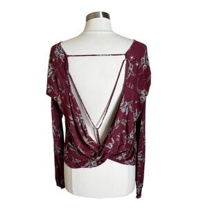 Free People Elsa Open Back Jersey Burgundy Floral Open Back Top‎ Women’s Medium